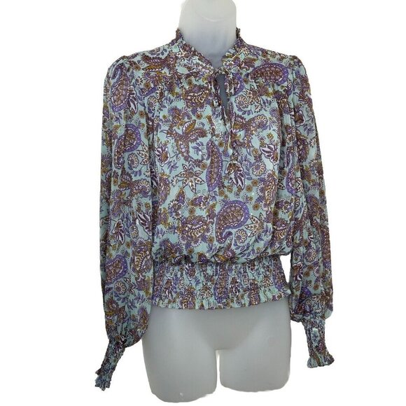 Rachel Zoe Women Blouse Small Smocked Long Sleeves Metallic Whimsical Fairy Boho - Picture 1 of 11